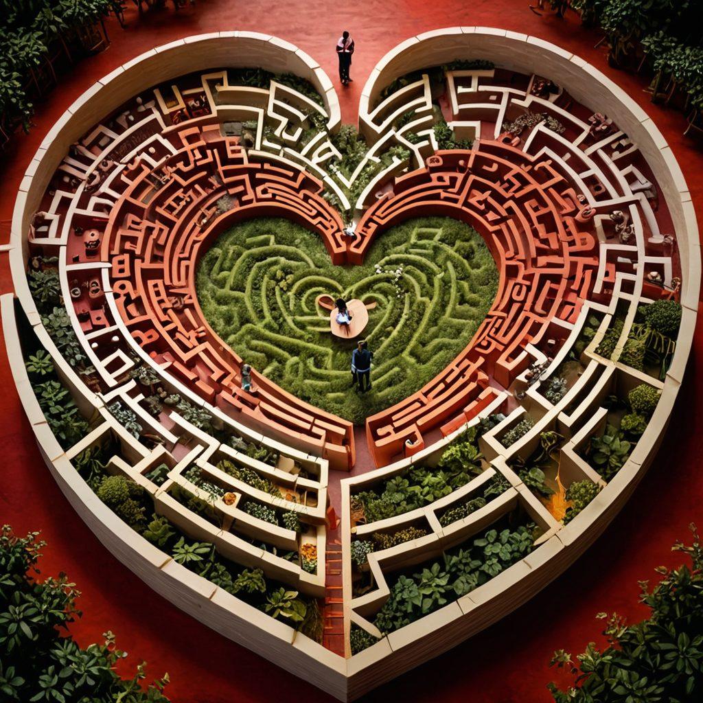 A heart-shaped maze symbolizing the complexity of love intertwined with legal symbols like scales of justice and contracts, set against a backdrop of warm colors conveying emotion, featuring a couple discussing over papers in a cozy setting. The atmosphere should radiate hope and support, embodying the blend of romance and legal guidance. super-realistic. vibrant colors.