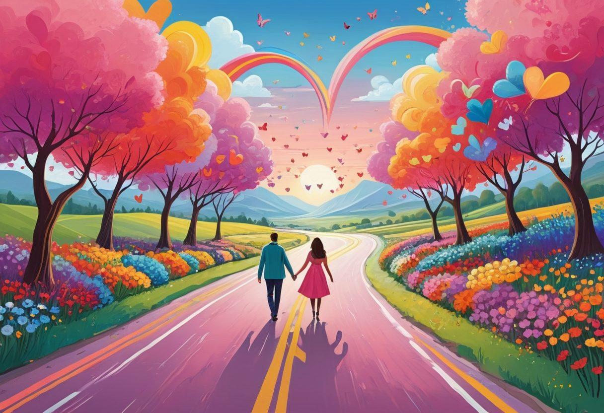 A whimsical illustration of a winding road framed by symbols of love, such as hearts and wedding rings, with signposts indicating key legal milestones like 'Contracts', 'Divorce', and 'Rights'. The sky is painted in soft pastel colors, suggesting a romantic atmosphere, while diverse couples of various backgrounds walk hand-in-hand along the road. Include playful elements like flowers and butterflies to enhance the feeling of love and journey. vibrant colors. vector art.