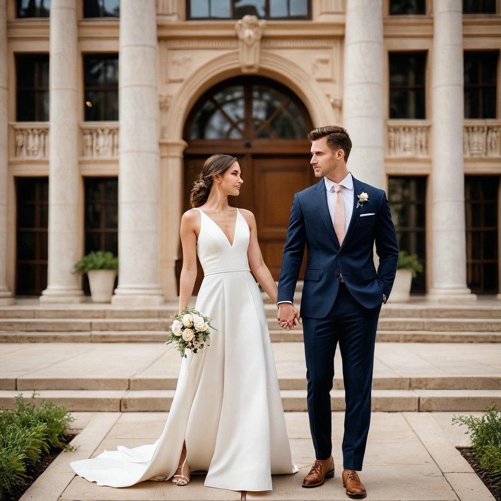 A couple standing back-to-back, one in a tailored suit and the other in a chic dress, holding legal documents and wedding rings. In the background, a blurred court building transitions into a picturesque wedding venue, symbolizing their journey together. The scene is infused with soft, warm lighting to evoke a sense of hope and partnership. super-realistic. warm colors.